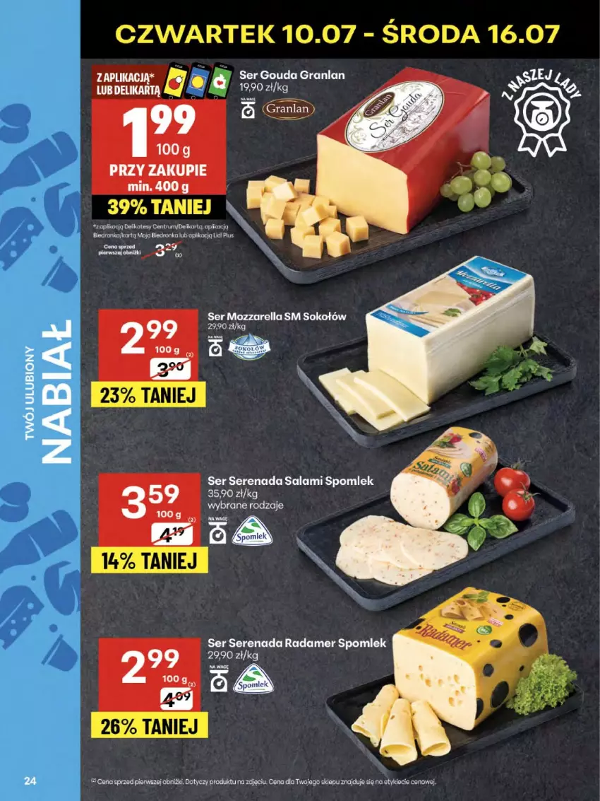 Gazetka promocyjna Delikatesy Centrum - Franczyza DC28 Czwartek - ważna 10.07 do 16.07.2025 - strona 24 - produkty: Gouda, Gra, Mozzarella, Radamer, Rum, Salami, Ser, Sok, Sokołów