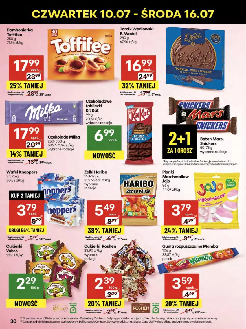 Gazetka promocyjna Delikatesy Centrum - Franczyza DC28 Czwartek - ważna 10.07 do 16.07.2025 - strona 30 - produkty: Baton, Cukier, Cukierki, Czekolada, Guma rozpuszczalna, Haribo, Kit Kat, Knoppers, Mars, Milka, Rum, Snickers, Sok, Toffifee
