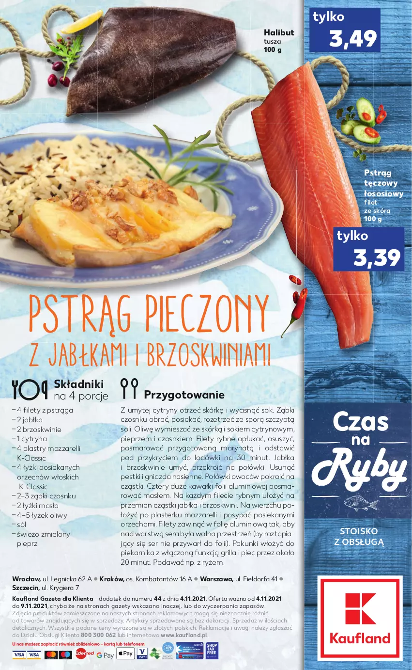 Gazetka promocyjna Kaufland - RYBY - ważna 04.11 do 09.11.2021 - strona 2 - produkty: Brzoskwinie, Cytryny, Fa, Grill, Halibut, Jabłka, Kawa, Piec, Piekarnik, Pieprz, Por, Pstrąg, Pstrąg tęczowy, Ryż, Ser, Sok, Sól, Sos, Tusz, Wagi