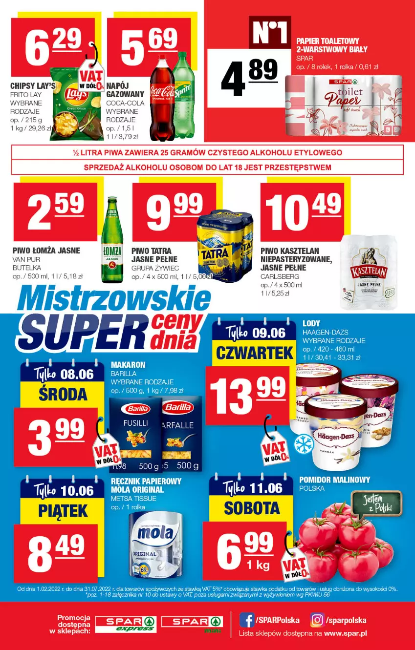 Gazetka promocyjna Spar - SparExpress - ważna 29.05 do 08.06.2022 - strona 4 - produkty: Barilla, Carlsberg, Chipsy, Coca-Cola, Fa, Kasztelan, Lody, Mola, Piwo, Pomidor malinowy, Pur, Sok, Tatra