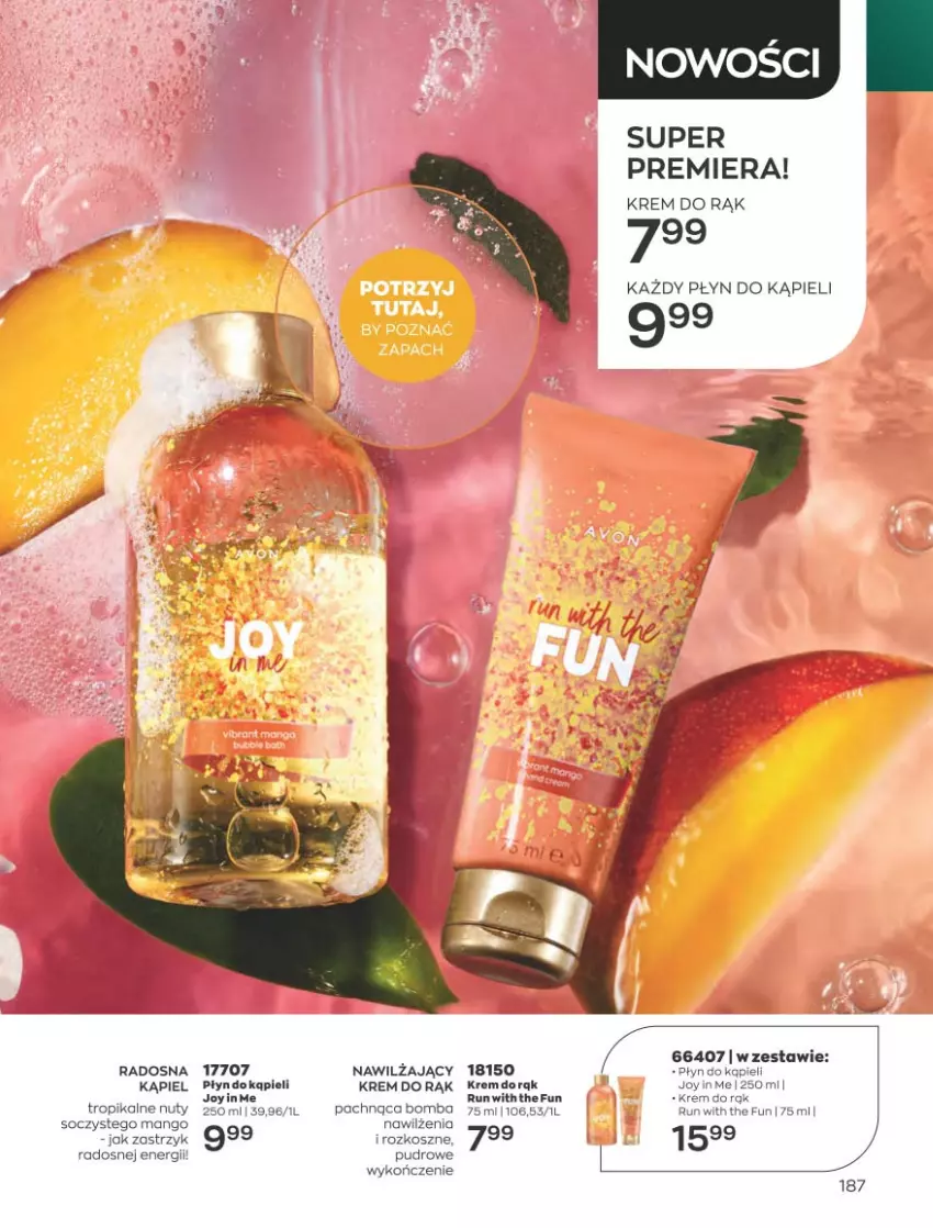 Gazetka promocyjna Avon - Katalog Avon 4/2023 kampania kwiecień - ważna 01.04 do 30.04.2023 - strona 187 - produkty: Kosz, Krem do rąk, Mango, Nuty, Płyn do kąpieli