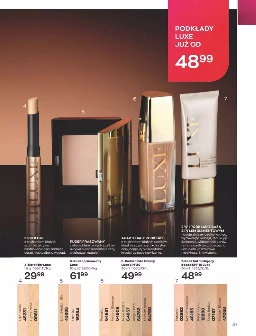 Gazetka promocyjna Avon - Katalog Avon 4/2023 kampania kwiecień - ważna 01.04 do 30.04.2023 - strona 47 - produkty: Fa, Gin, Kosz, LG, Mars, Podkład, Podkład do twarzy, Podkład matujący, Por, Puder, Puder prasowany