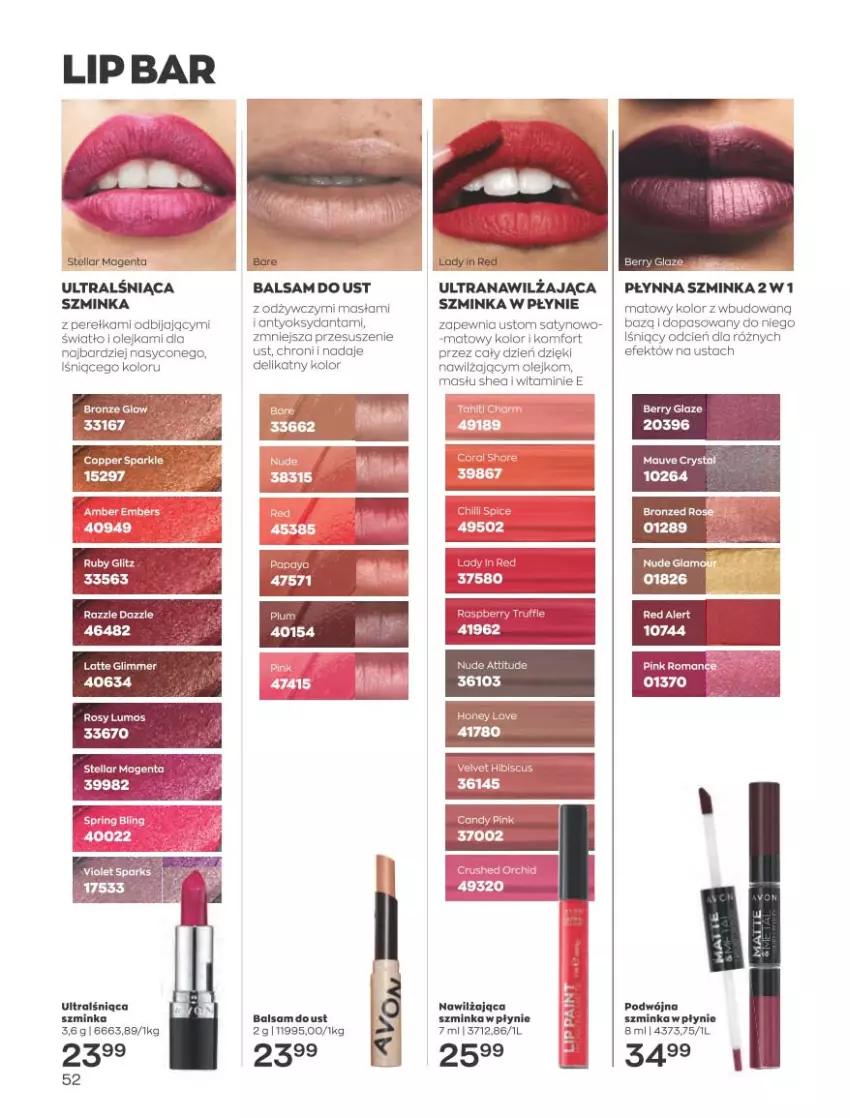 Gazetka promocyjna Avon - Katalog Avon 4/2023 kampania kwiecień - ważna 01.04 do 30.04.2023 - strona 52 - produkty: Balsam do ust, Cień, Inka, Olej, Szminka, Tran