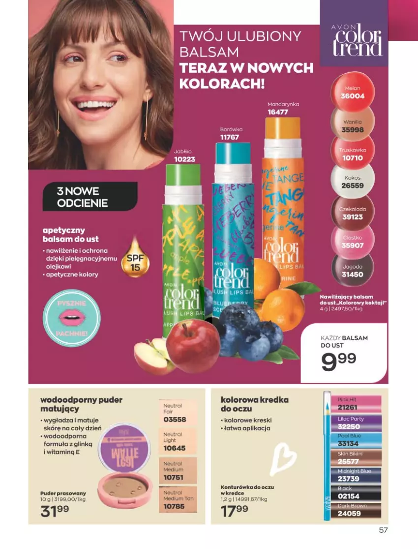 Gazetka promocyjna Avon - Katalog Avon 4/2023 kampania kwiecień - ważna 01.04 do 30.04.2023 - strona 57 - produkty: Balsam do ust, Bikini, Jaja, Konturówka do oczu, Kredka, Olej, Por, Puder, Puder prasowany, Tera