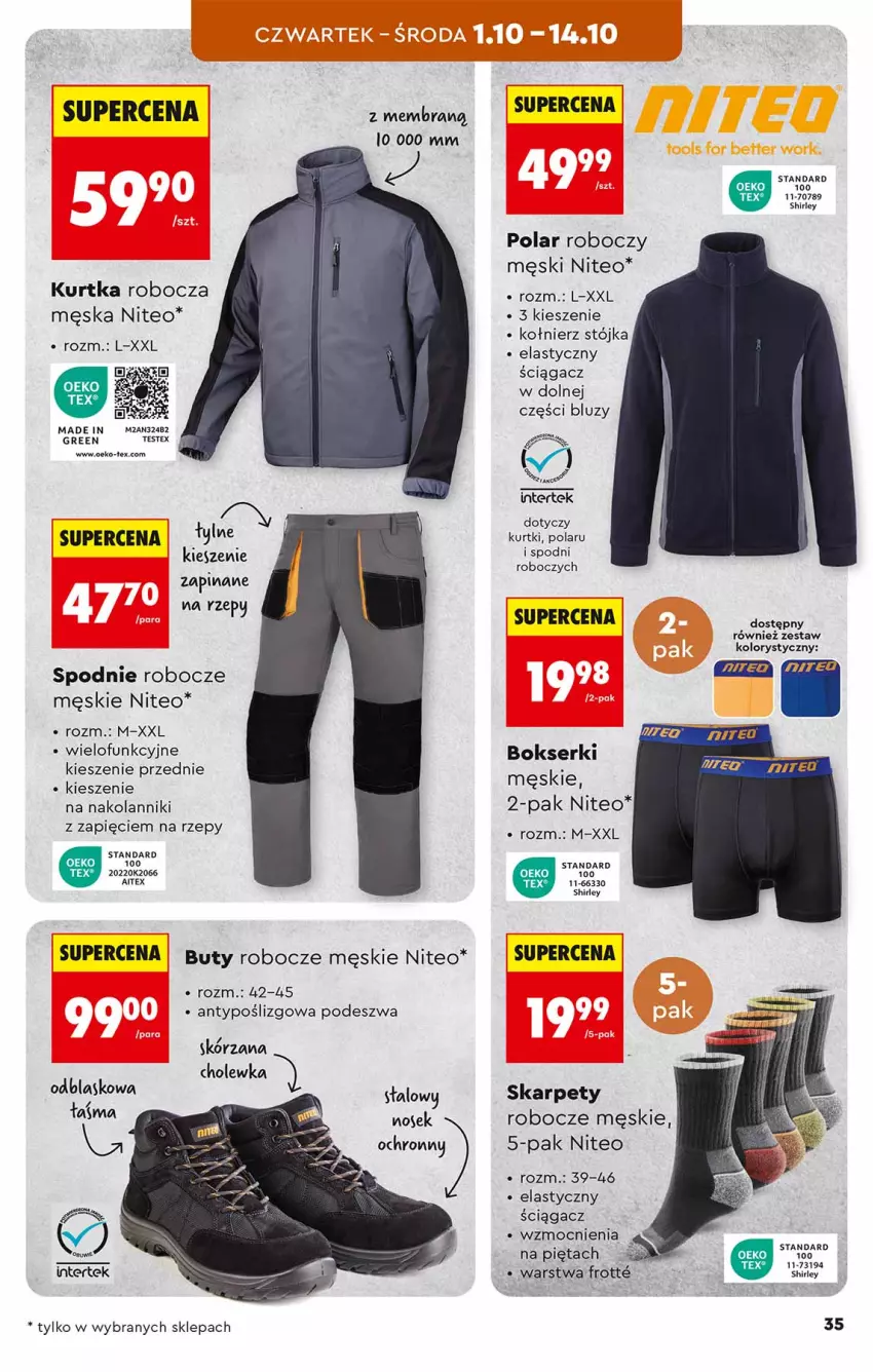 Gazetka promocyjna Biedronka - Okazje Tygodnia - ważna 26.09 do 10.10.2026 - strona 35 - produkty: Bokserki, Buty, Buty robocze, Karp, Kurtka, Kurtka robocza, Ser, Spodnie