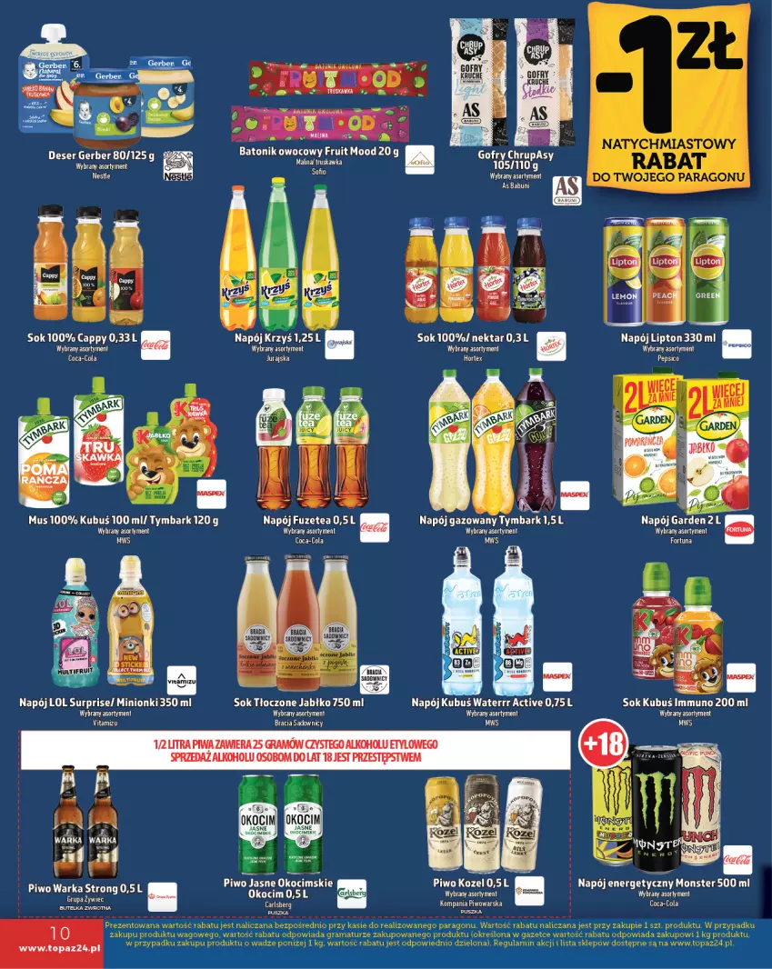 Gazetka promocyjna Topaz - Gazetka - ważna 14.11 do 20.11.2024 - strona 10 - produkty: Babuni, Cappy, Carlsberg, Coca-Cola, Fa, Gofry, Gra, Kozel, Kubuś, Kubuś Waterrr, Lipton, Moda, Mus, Napój, Napój energetyczny, Napój gazowany, Nektar, Piwa, Piwo, Sok, Top, Tymbark, Warka