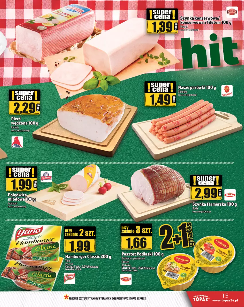 Gazetka promocyjna Topaz - Gazetka - ważna 14.11 do 20.11.2024 - strona 15 - produkty: Burger, Duda, Fa, Hamburger, Parówki, Polędwica, Sok, Sokołów, Szynka, Szynka farmerska, Top