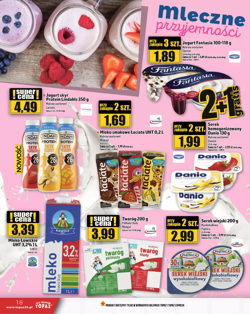 Gazetka promocyjna Topaz - Gazetka - ważna 14.11 do 20.11.2024 - strona 18 - produkty: Danio, Danone, Fa, Fanta, Jogurt, Mleko, Mleko smakowe, Piątnica, Ser, Serek, Serek wiejski, Siatka, Sok, Top, Twaróg