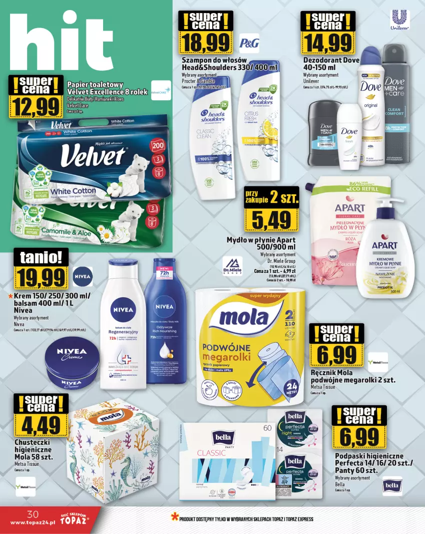 Gazetka promocyjna Topaz - Gazetka - ważna 14.11 do 20.11.2024 - strona 30 - produkty: Balsam do ciała, Bell, Bella, Chusteczki, Fa, Mola, Mydło, Mydło w płynie, Nivea, Ocet, Papier, Perfecta, Podpaski, Ręcznik, Rolki, Rum, Szampon, Top