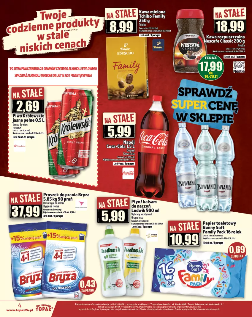 Gazetka promocyjna Topaz - Gazetka - ważna 14.11 do 20.11.2024 - strona 4 - produkty: Bryza, Fa, Kawa, Kawa mielona, Kawa rozpuszczalna, Królewski, Ludwik, Papier, Papier toaletowy, Piwo, Proszek do prania