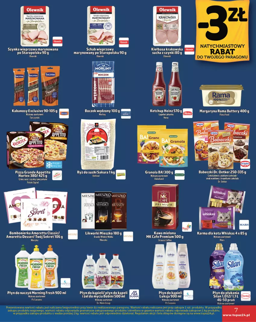 Gazetka promocyjna Topaz - Gazetka - ważna 14.11 do 20.11.2024 - strona 7 - produkty: Ba!, Babeczki, Bakalland, Boczek, Brandy, Dr. Oetker, Flora, Gra, Granola, Heinz, Hortex, Kabanos, Kawa, Kawa mielona, Ketchup, Kiełbasa, Kiełbasa krakowska, Kret, Luksja, Margaryna, Mars, Olewnik, Piec, Pieczarka, Pizza, Płyn do kąpieli, Płyn do płukania, Rama, Ryż, Ryż do sushi, Schab wieprzowy, Ser, Sushi, Szynka, Szynka wieprzowa, Tarczyński, Top, Whiskas, Whisky, Wódka