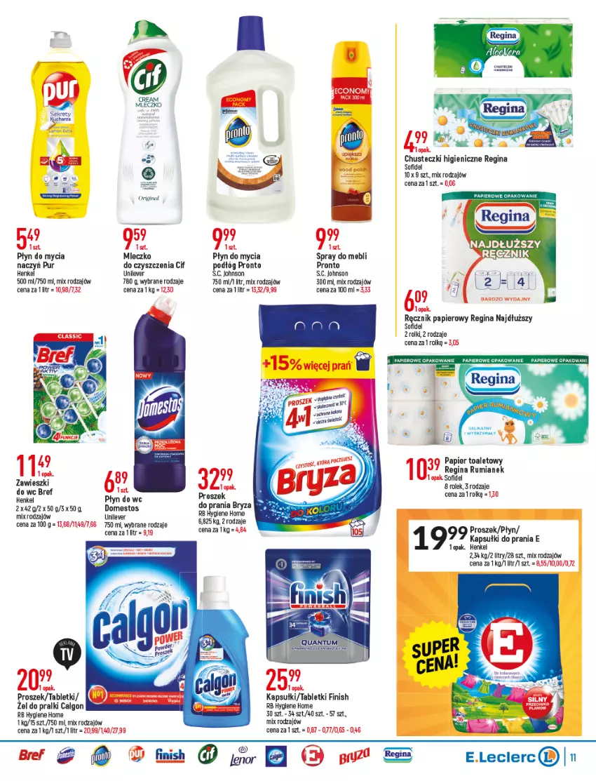 Gazetka promocyjna E Leclerc - ważna 11.01 do 22.01.2022 - strona 11 - produkty: Bref, Bryza, Calgon, Chusteczki, Cif, Domestos, Finish, Gin, Kapsułki do prania, Kret, LG, Mleczko, Papier, Płyn do mycia, Płyn do wc, Pralki, Pronto, Pur, Ręcznik, Rolki, Rum, Tablet, Zawieszki