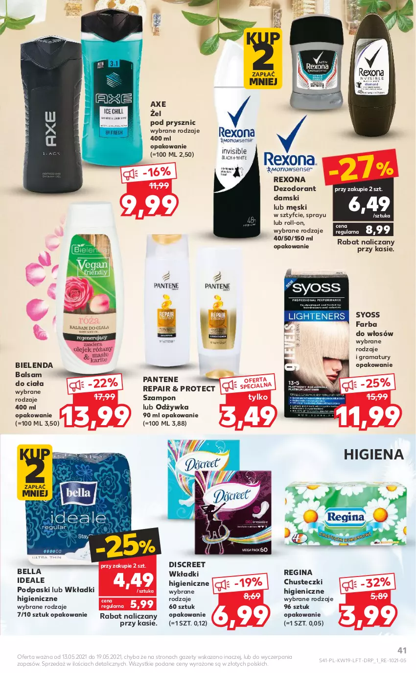 Gazetka promocyjna Kaufland - OFERTA TYGODNIA - ważna 13.05 do 19.05.2021 - strona 41 - produkty: Balsam do ciała, Bell, Bella, Bielenda, Chusteczki, Dezodorant, Discreet, Fa, Farba do włosów, Gin, Gra, Odżywka, Pantene, Podpaski, Rama, Rexona, Syoss, Szampon, Wkładki