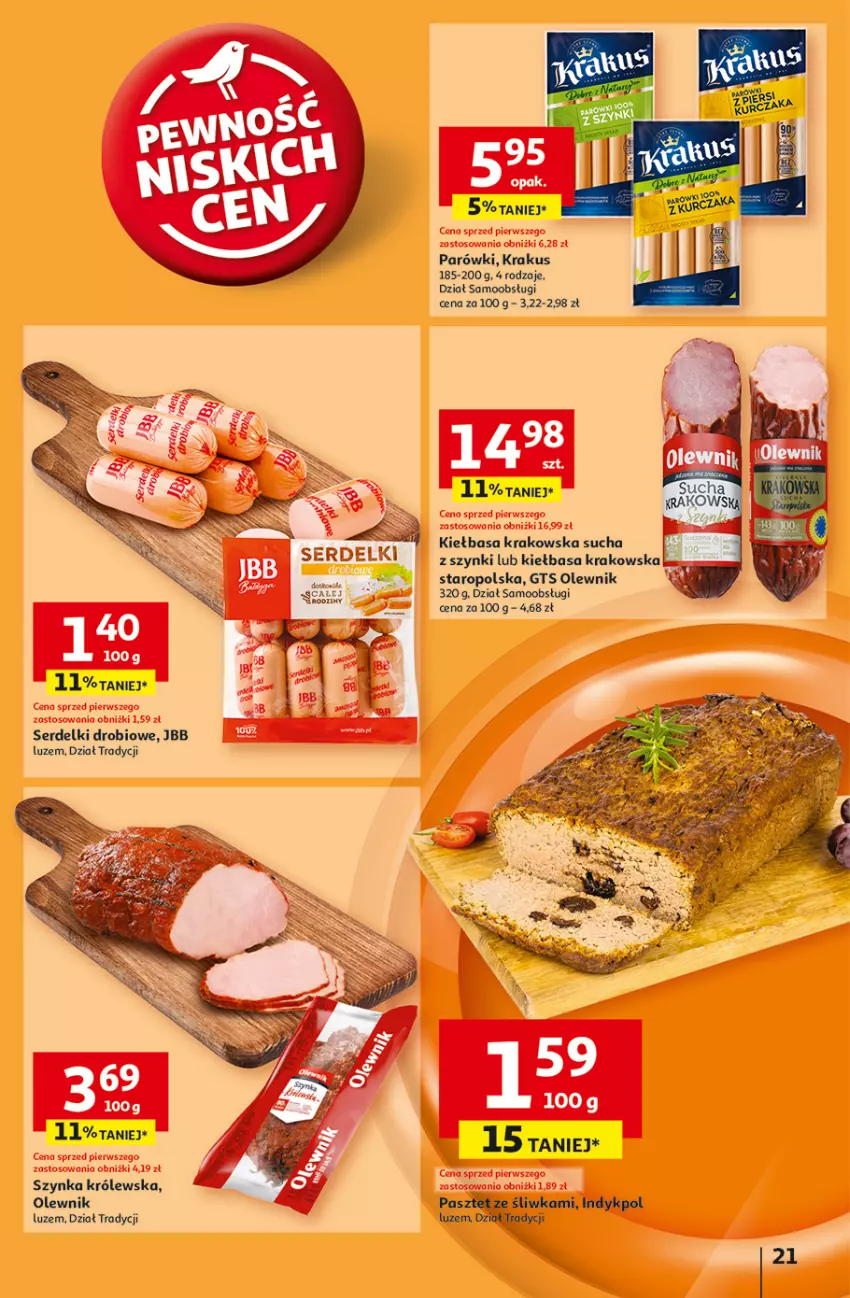 Gazetka promocyjna Auchan - Pewność Niskich Cen Hipermarket - ważna 07.11 do 13.11.2024 - strona 23 - produkty: Kiełbasa, Kiełbasa krakowska, Krakus, Olewnik, Parówki, Pasztet, Ser, Serdelki, Szynka, Szynka Królewska