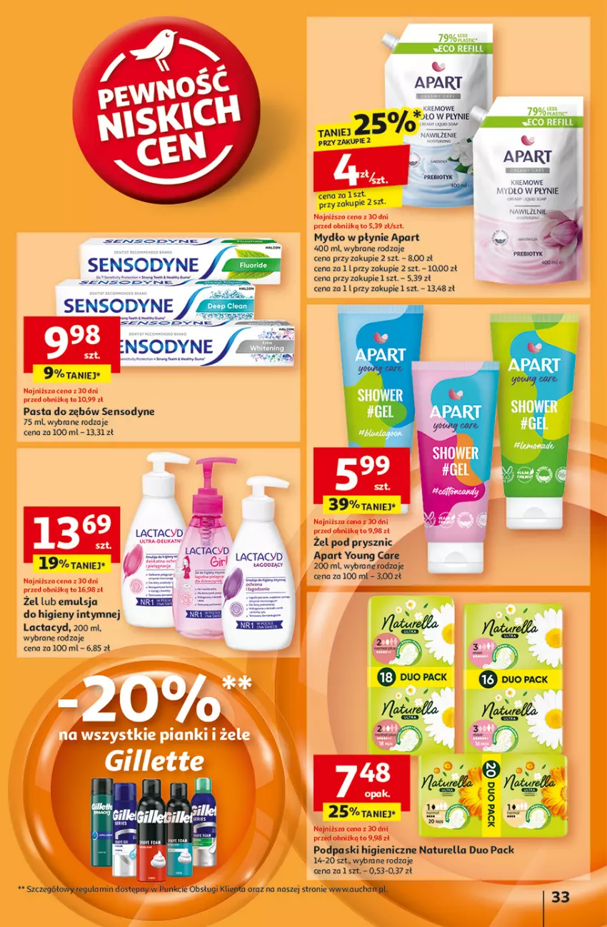 Gazetka promocyjna Auchan - Pewność Niskich Cen Hipermarket - ważna 07.11 do 13.11.2024 - strona 35 - produkty: Emulsja, Gillette, Lactacyd, Mydło, Mydło w płynie, Naturell, Naturella, Pasta do zębów, Podpaski, Sensodyne