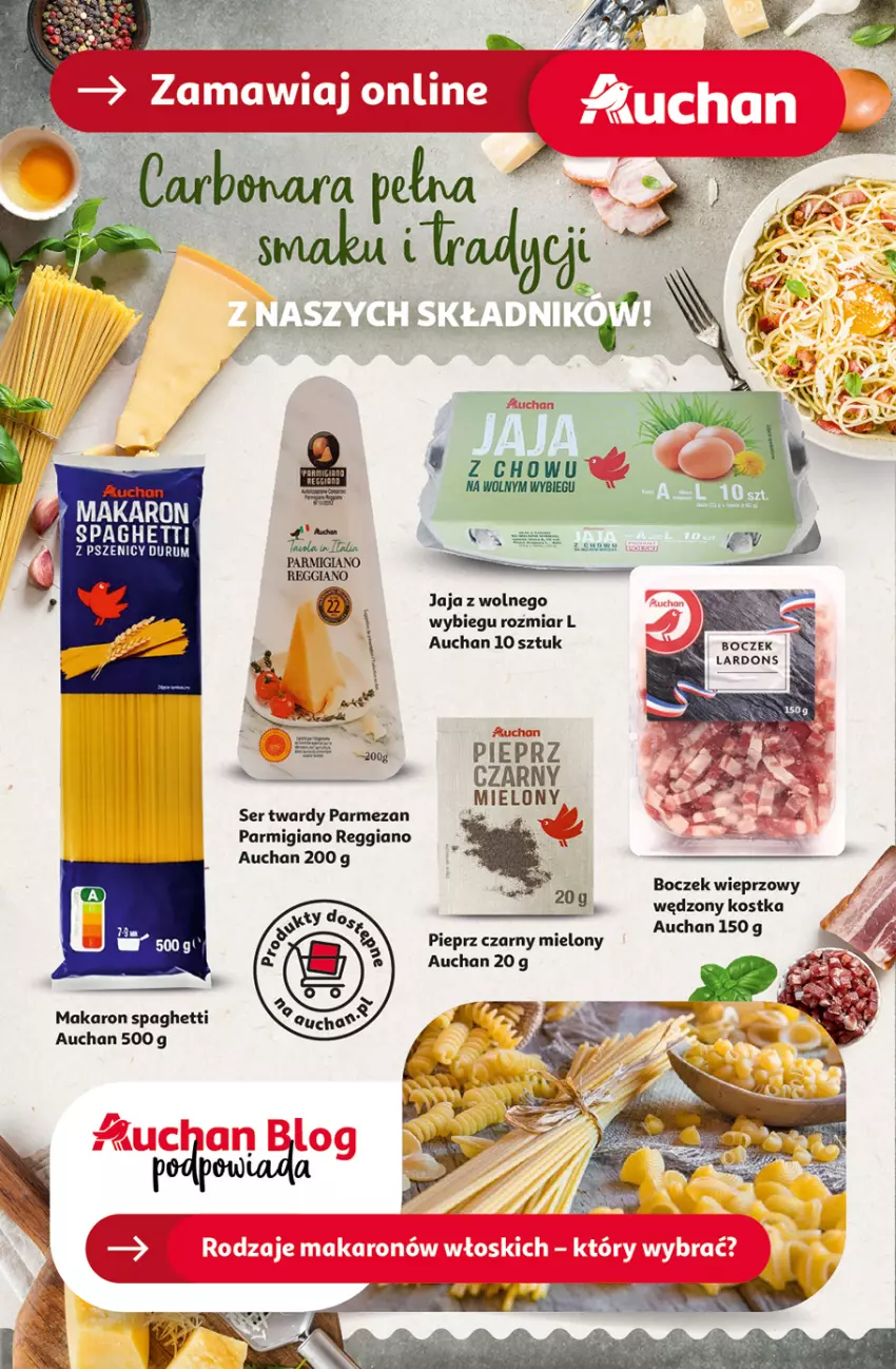 Gazetka promocyjna Auchan - Pewność Niskich Cen Hipermarket - ważna 07.11 do 13.11.2024 - strona 44 - produkty: Boczek, Boczek wieprzowy, Jaja, Jaja z wolnego wybiegu, Makaron, Parmezan, Pieprz, Rum, Ser, Spaghetti