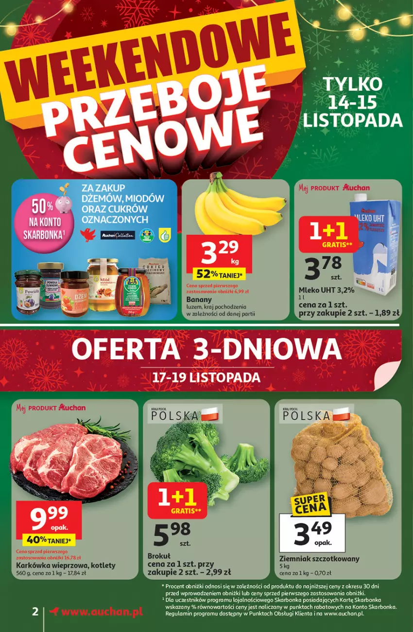 Gazetka promocyjna Auchan - Święta jak babcię kocham Supermarket - ważna 13.11 do 19.11.2025 - strona 2 - produkty: Banany, Dżem, Gra, Karkówka wieprzowa, Kotlet, Mleko