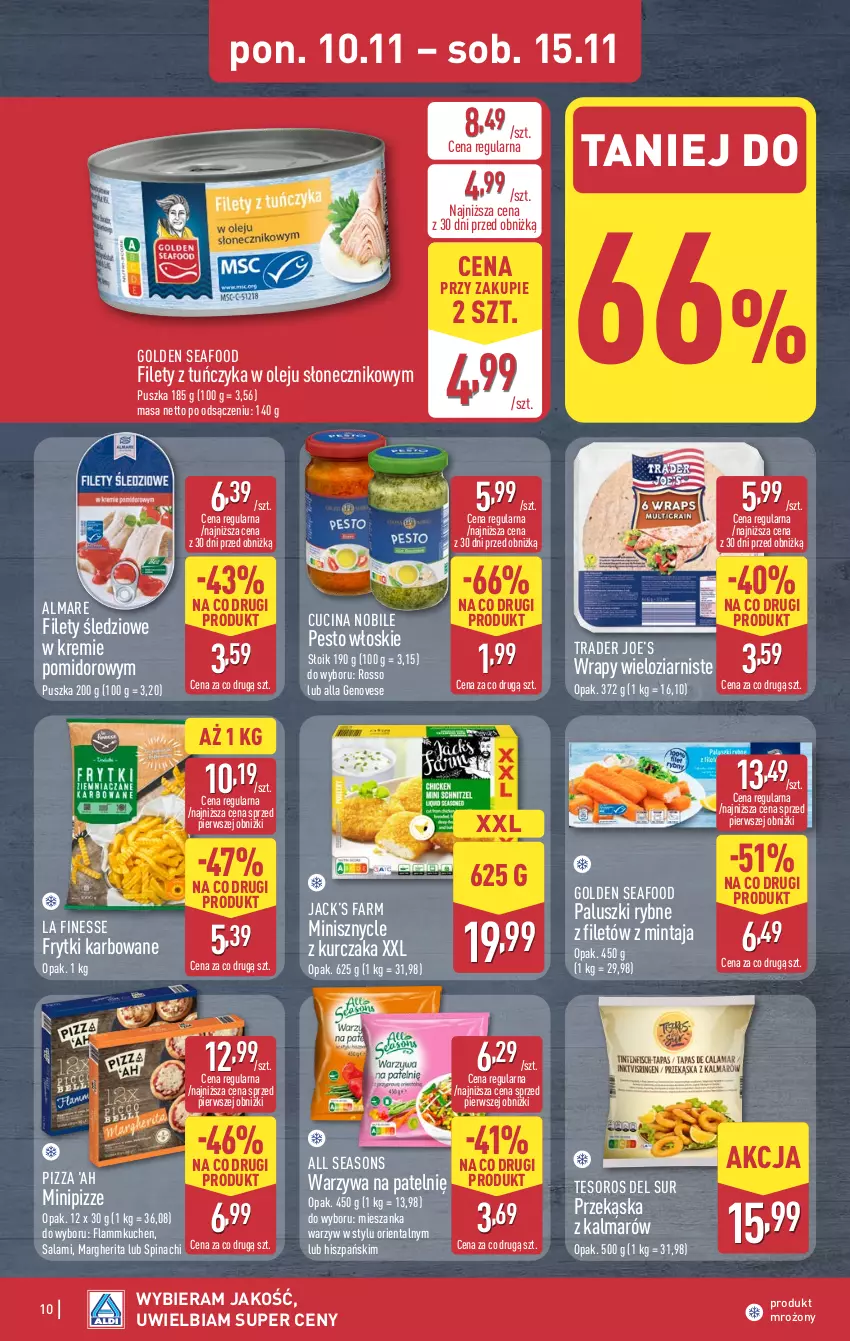 Gazetka promocyjna Aldi - Pełna oferta - ważna 10.11 do 15.11.2025 - strona 10 - produkty: All Seasons, Fa, Frytki, Golden Seafood, Kalmar, Kurczak, Mieszanka warzyw, Mintaj, Olej, Paluszki rybne, Pesto, Pizza, Salami, Tuńczyk, Warzywa