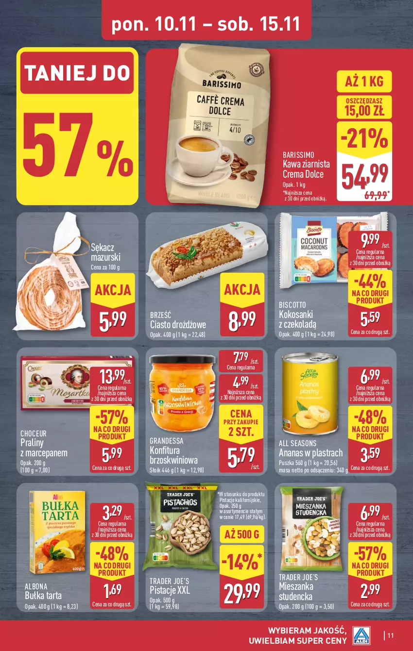 Gazetka promocyjna Aldi - Pełna oferta - ważna 10.11 do 15.11.2025 - strona 11 - produkty: Albona, All Seasons, Ananas, Ananas w plastrach, Bułka, Bułka tarta, Gra, Kawa, Kawa ziarnista, Kokos, Konfitura, Mieszanka studencka, Pistacje, Praliny, Sanki, Sękacz, Tarta