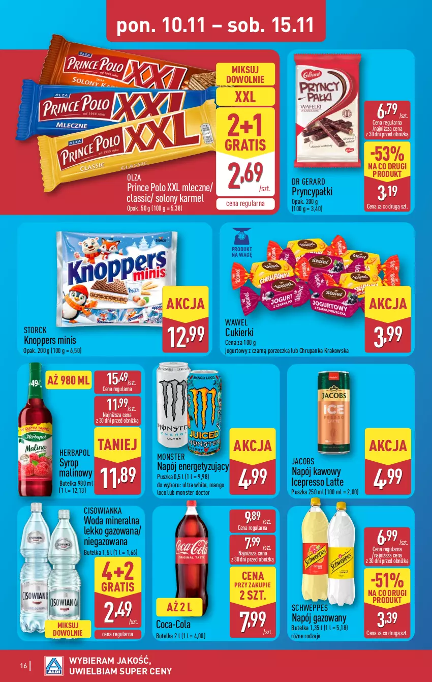 Gazetka promocyjna Aldi - Pełna oferta - ważna 10.11 do 15.11.2025 - strona 16 - produkty: Cisowianka, Coca-Cola, Cukier, Cukierki, Dr Gerard, Gra, Herbapol, Jacobs, Jogurt, Knoppers, Mango, Napój, Napój gazowany, Por, Prince Polo, Schweppes, Syrop, Wawel, Woda, Woda mineralna