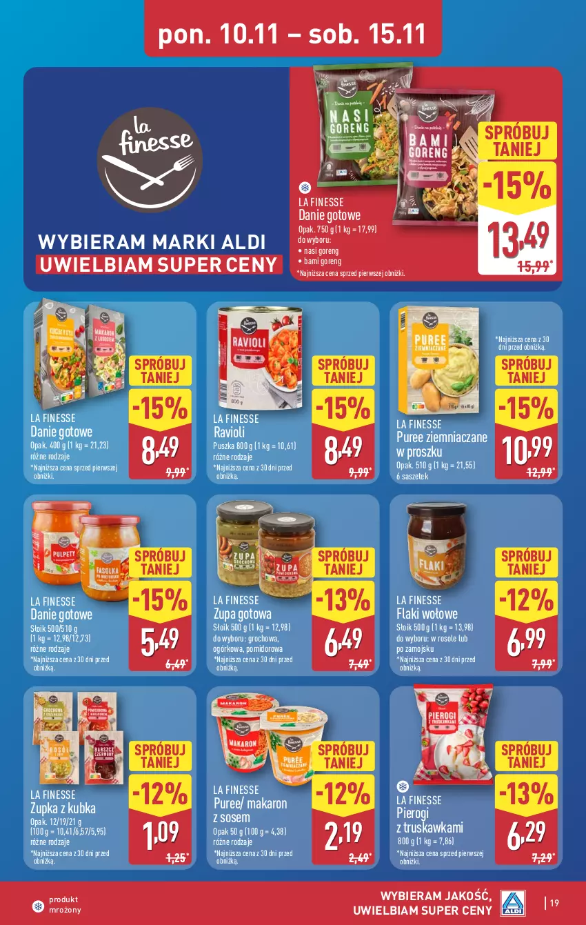 Gazetka promocyjna Aldi - Pełna oferta - ważna 10.11 do 15.11.2025 - strona 19 - produkty: Danie gotowe, Flaki, Flaki wołowe, Groch, Makaron, Makaron z sosem, Pierogi, Pur, Sos, Zupa