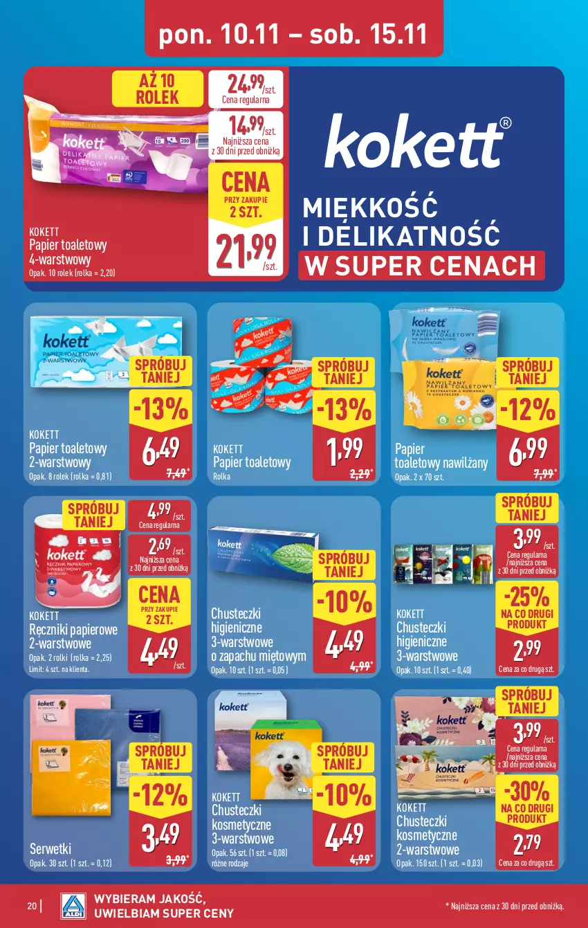 Gazetka promocyjna Aldi - Pełna oferta - ważna 10.11 do 15.11.2025 - strona 20 - produkty: Chusteczki, Chusteczki kosmetyczne, Papier, Papier toaletowy, Ręcznik, Ręczniki papierowe, Rolki, Ser, Serwetki