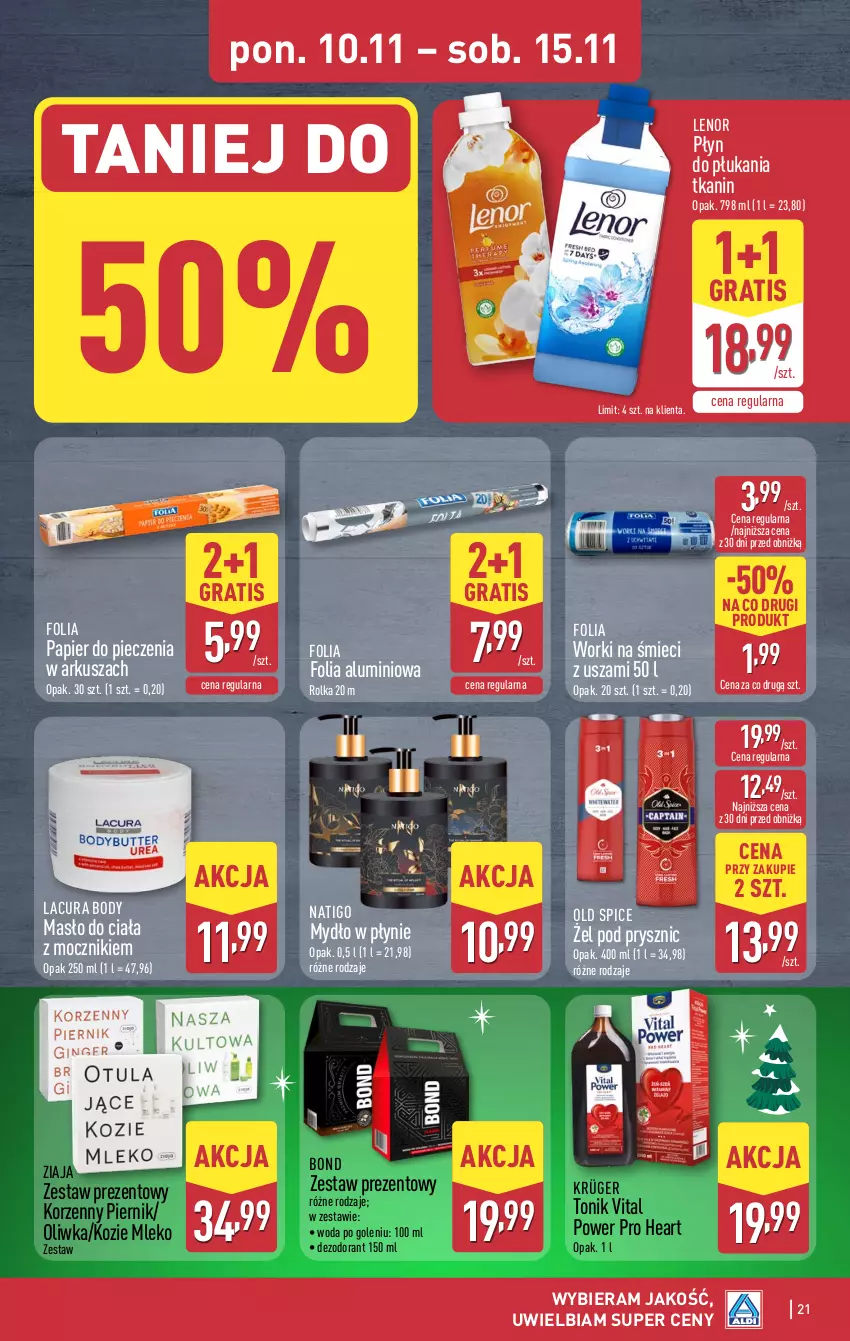 Gazetka promocyjna Aldi - Pełna oferta - ważna 10.11 do 15.11.2025 - strona 21 - produkty: Body, Dezodorant, Folia aluminiowa, Gra, Lenor, Masło, Masło do ciała, Mleko, Mydło, Mydło w płynie, Old Spice, Papier, Papier do pieczenia, Piec, Piernik, Płyn do płukania, Tonik, Woda, Woda po goleniu, Worki na śmiec, Worki na śmieci, Zestaw prezentowy, Ziaja