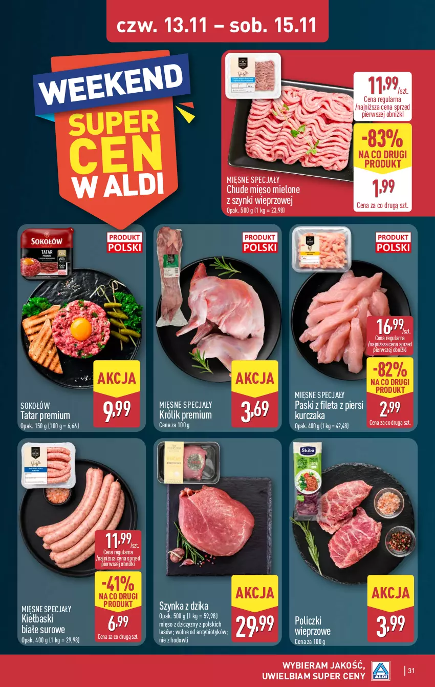 Gazetka promocyjna Aldi - Pełna oferta - ważna 10.11 do 15.11.2025 - strona 31 - produkty: Kiełbaski białe, Królik, Kurczak, Mięsne specjały, Mięso, Mięso mielone, Mięso mielone z szynki, Sok, Sokołów, Szynka