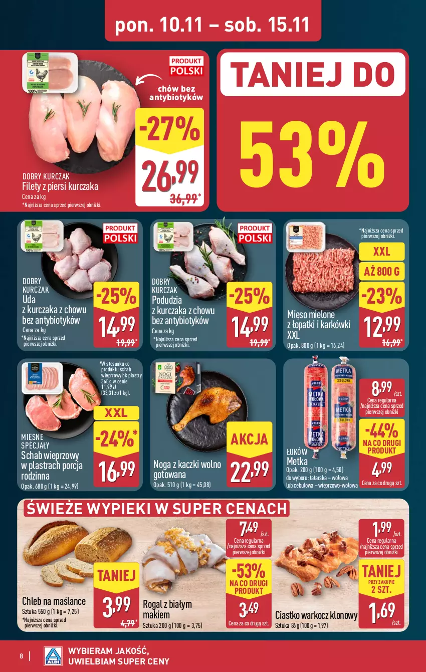 Gazetka promocyjna Aldi - Pełna oferta - ważna 10.11 do 15.11.2025 - strona 8 - produkty: Chleb, Koc, Kurczak, Mięsne specjały, Mięso, Mięso mielone, Noga z kaczki, Por, Rogal, Schab wieprzowy