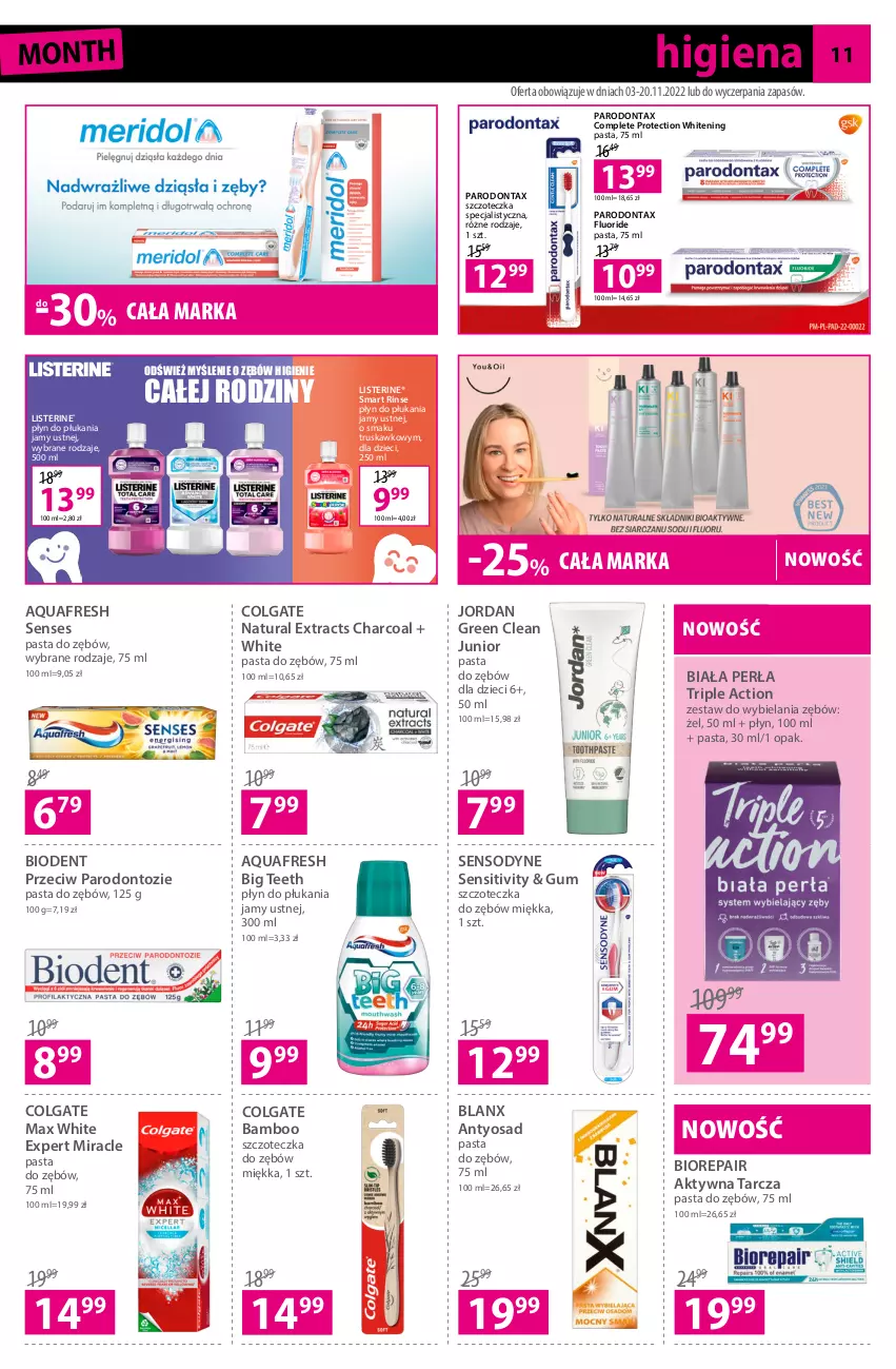 Gazetka promocyjna Hebe - Gazetka - ważna 03.11 do 20.11.2022 - strona 11 - produkty: Aquafresh, Biodent, Biorepair, Colgate, Dzieci, LG, Listerine, Parodontax, Pasta do zębów, Perła, Płyn do płukania, Płyn do płukania jamy ustnej, Senses, Sensodyne, Szczoteczka, Szczoteczka do zębów