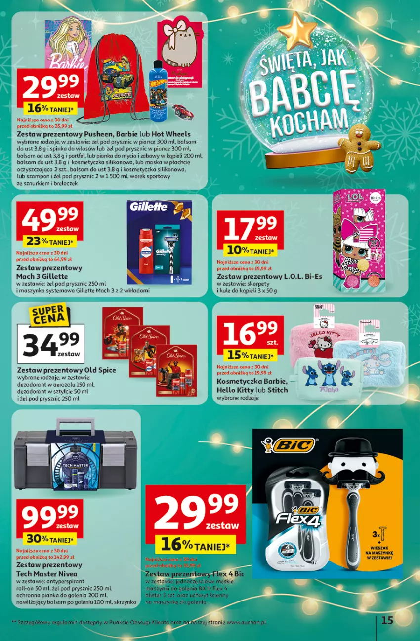 Gazetka promocyjna Auchan - Święta jak babcię kocham Hipermarket - ważna 04.12 do 10.12.2025 - strona 15 - produkty: Antyperspirant, Balsam do ust, Balsam po goleniu, Barbie, BIC, Breloczek, Dezodorant, Gillette, Hot Wheels, Inka, Karp, Kosmetyczka, L.O.L., Maska, Maska w płachcie, Maszynka, Nivea, Old Spice, Pianka do golenia, Por, Sport, Szampon, Szynka, Zestaw prezentowy