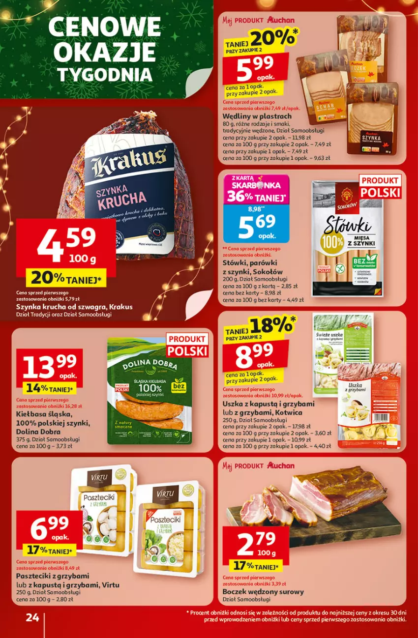 Gazetka promocyjna Auchan - Święta jak babcię kocham Hipermarket - ważna 04.12 do 10.12.2025 - strona 24 - produkty: Boczek, Gra, Kaki, Kapustą, Kiełbasa, Kiełbasa śląska, Krakus, Parówki, Sok, Sokołów, Szynka, Virtu