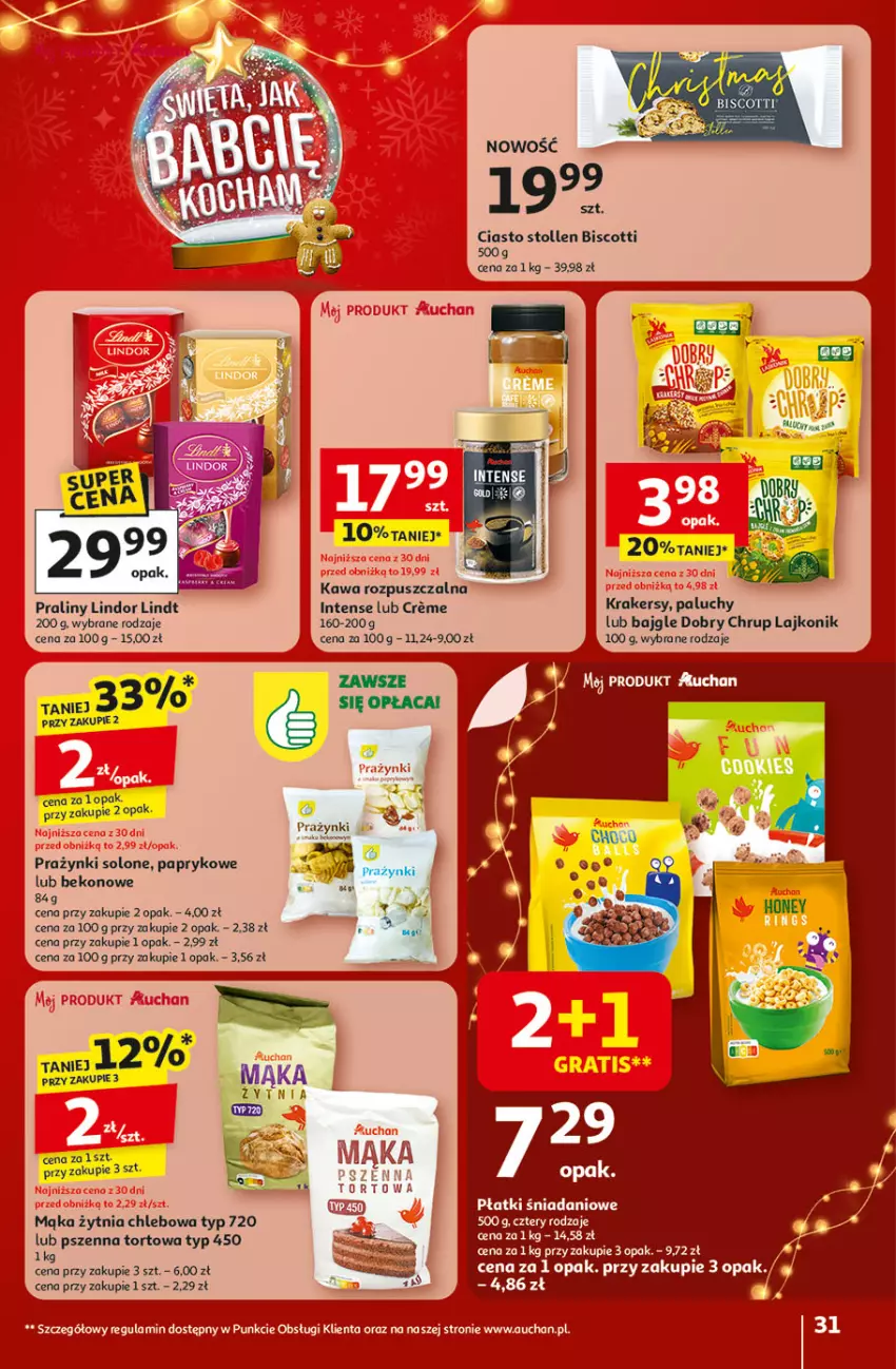 Gazetka promocyjna Auchan - Święta jak babcię kocham Hipermarket - ważna 04.12 do 10.12.2025 - strona 31 - produkty: Bajgle, Beko, Chleb, Danio, Kawa, Kawa rozpuszczalna, Lajkonik, Lindor, Lindt, Mąka, Praliny