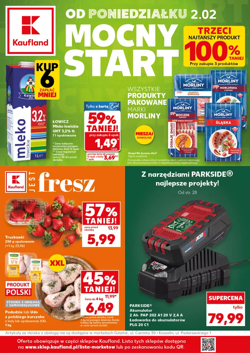 Gazetka promocyjna Kaufland - Mocny Start - ważna 02.02 do 04.02.2026 - strona 1 - produkty: Akumulator, Kurczak, LG, Mleko, Morliny, Olej, Parkside, Por, Waga, Warka