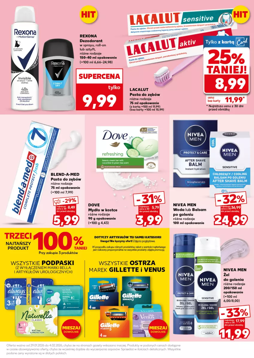 Gazetka promocyjna Kaufland - Mocny Start - ważna 02.02 do 04.02.2026 - strona 25 - produkty: Aloe vera, Balsam po goleniu, Bell, Bella, Blend-a-Med, Dezodorant, Dove, Gillette, Lacalut, Lack, Mydło, Nivea, Nivea Men, Pasta do zębów, Podpaski, Por, Rexona, Top, Tran, Venus, Waga, Woda