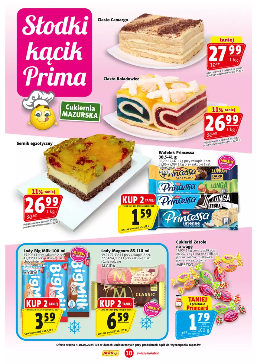 Gazetka promocyjna Prim Market - ważna 04.07 do 10.07.2024 - strona 10 - produkty: Big Milk, Cukier, Cukierki, Lody, Princessa, Wafelek