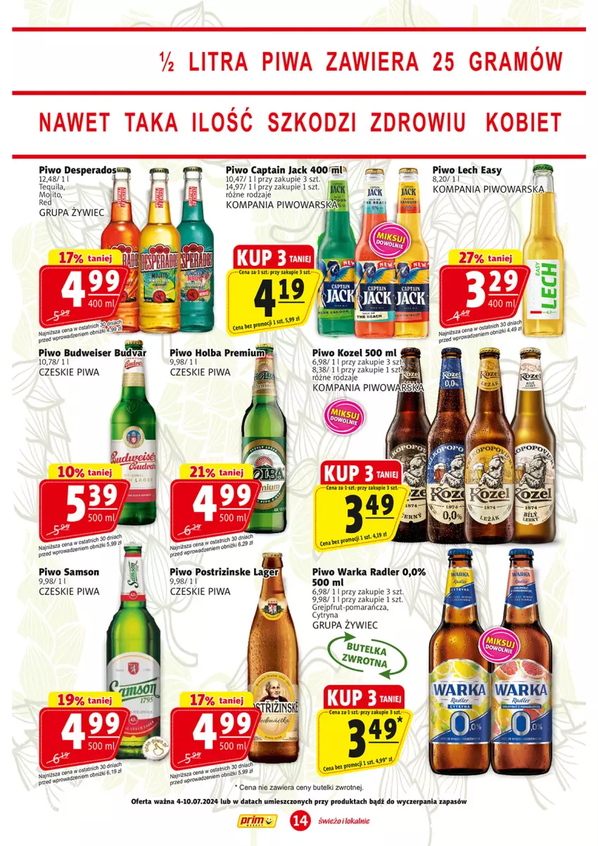 Gazetka promocyjna Prim Market - ważna 04.07 do 10.07.2024 - strona 14 - produkty: Captain Jack, Desperados, Gra, Grejpfrut, Kozel, Piwa, Piwo, Radler, Ser, Warka