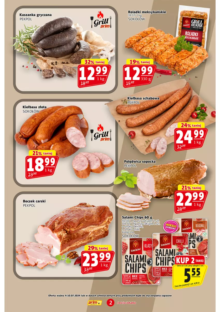 Gazetka promocyjna Prim Market - ważna 04.07 do 10.07.2024 - strona 2 - produkty: Boczek, Cars, Gala, Gry, Kasza, Kaszanka, Kiełbasa, Kiełbasa schabowa, Pekpol, Sok, Sokołów