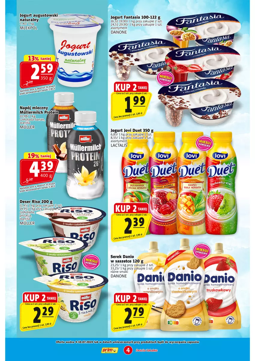 Gazetka promocyjna Prim Market - ważna 04.07 do 10.07.2024 - strona 4 - produkty: Czekolada, Danio, Danone, Deser, Fa, Fanta, Grill, Herbata, Jogurt, Napój, Napój mleczny, Ser, Serek, Serek homogenizowany