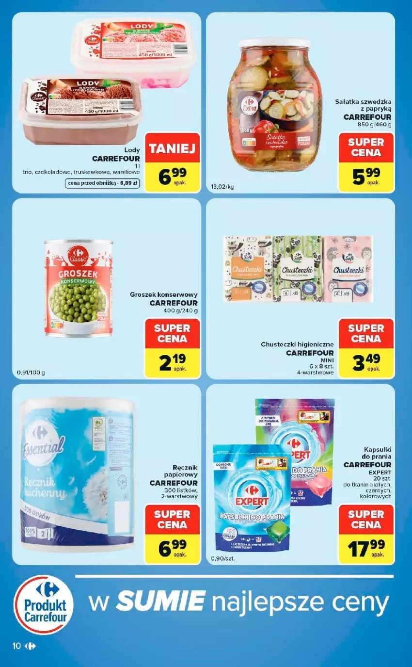 Gazetka promocyjna Carrefour - Gazetka Market w SUMIE ekspresowe zakupy - ważna 08.09 do 14.09.2026 - strona 10 - produkty: Chusteczki, Groszek, Kapsułki do prania, Papier, Ręcznik, Sałat, Sałatka, Ser