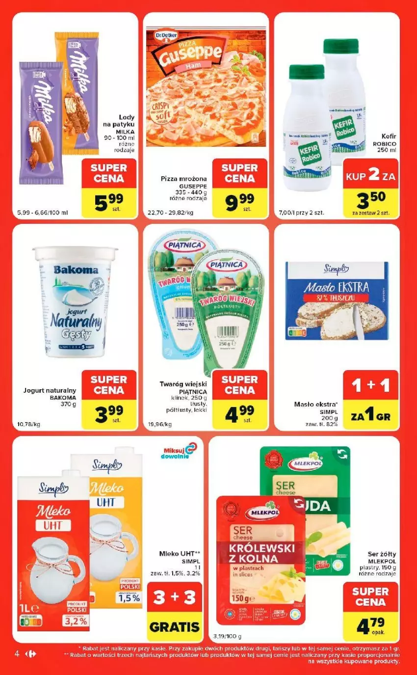 Gazetka promocyjna Carrefour - Gazetka Market w SUMIE ekspresowe zakupy - ważna 08.09 do 14.09.2026 - strona 4 - produkty: Bakoma, Fa, Jogurt, Jogurt naturalny, Kefir, Masło, Milka, Mleko, Piątnica, Pizza, Por, Ser, Top, Twaróg