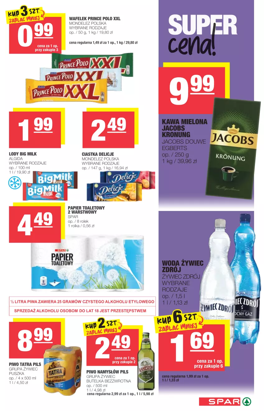 Gazetka promocyjna Spar - Express - ważna 14.07 do 20.07.2021 - strona 3 - produkty: Algida, Big Milk, Ciastka, Delicje, Gra, Jacobs, Kawa, Kawa mielona, LG, Lody, Namysłów, Papier, Papier toaletowy, Piwa, Piwo, Prince Polo, Tatra, Wafelek, Woda