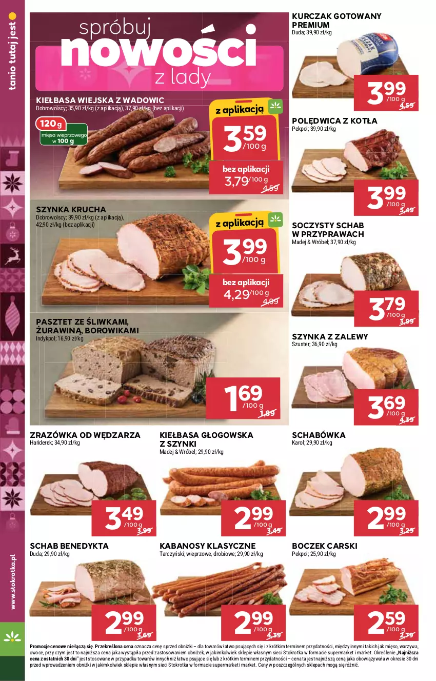 Gazetka promocyjna Stokrotka - Market - ważna 18.12 do 21.12.2025 - strona 14 - produkty: Boczek, Cars, Duda, Kabanos, Kiełbasa, Kiełbasa głogowska, Kiełbasa wiejska, Kurczak, Kurczak gotowany, Mięso, Owoce, Pasztet, Pekpol, Polędwica, Schab Benedykta, Szynka, Tarczyński, Warzywa