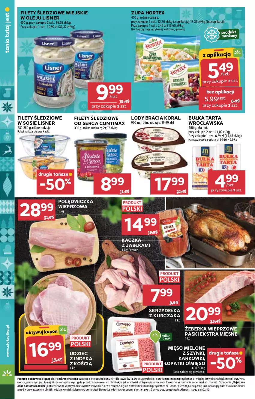 Gazetka promocyjna Stokrotka - Market - ważna 18.12 do 21.12.2025 - strona 16 - produkty: Bułka, Bułka tarta, Hortex, Jabłka, Kaczka, Kurczak, Lisner, Lody, Mięso, Mięso mielone, Mięso mielone z szynki, Olej, Oral B, Owoce, Polędwiczka wieprzowa, Ser, Skrzydełka z kurczaka, Sos, Tarta, Udziec z indyka, Warzywa, Zupa