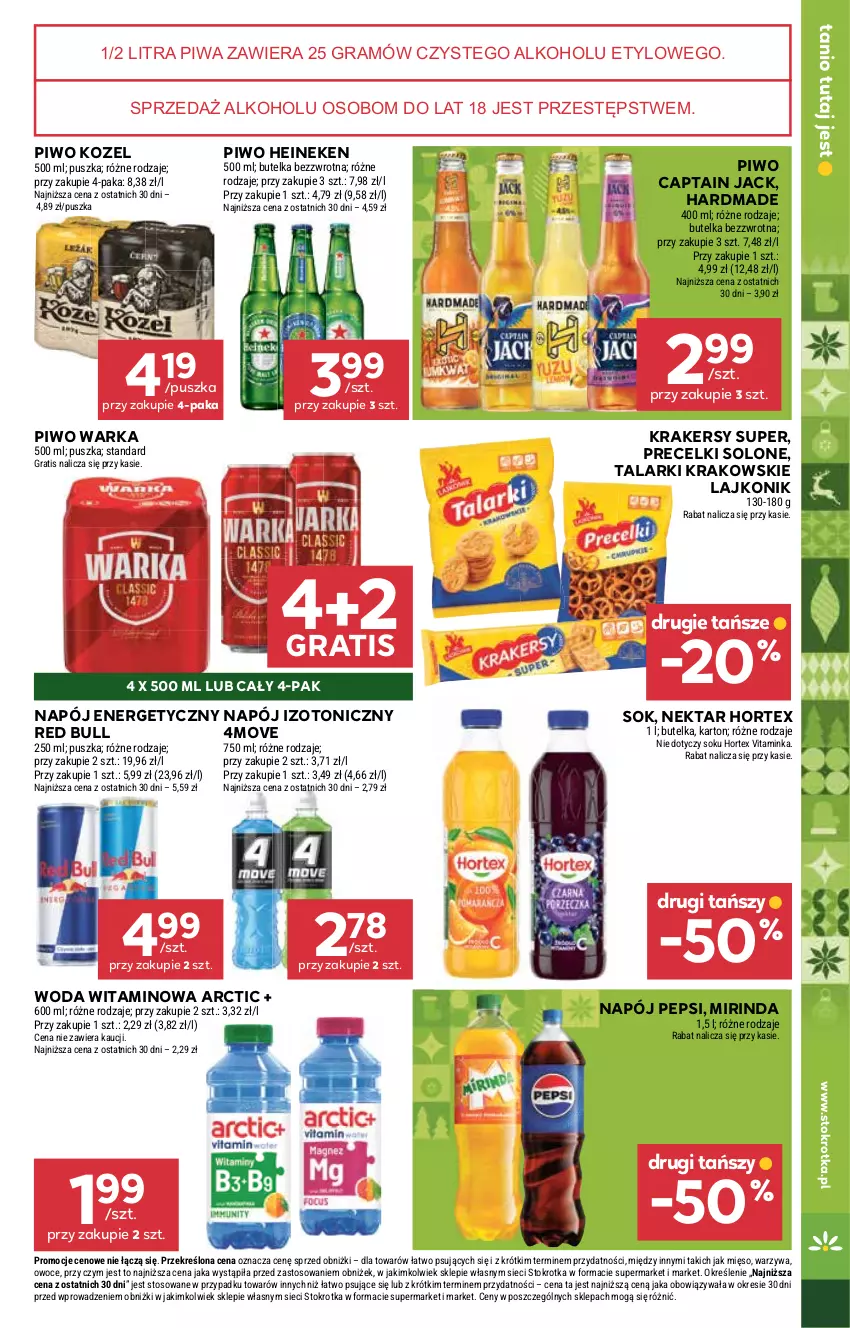 Gazetka promocyjna Stokrotka - Market - ważna 18.12 do 21.12.2025 - strona 25 - produkty: Captain Jack, Gra, Heineken, Hortex, Inka, Kozel, Krakersy, Lajkonik, Mięso, Mirinda, Napój, Napój energetyczny, Napój izotoniczny, Nektar, Owoce, Pepsi, Piwa, Piwo, Precelki, Red Bull, Sok, Warka, Warzywa, Woda