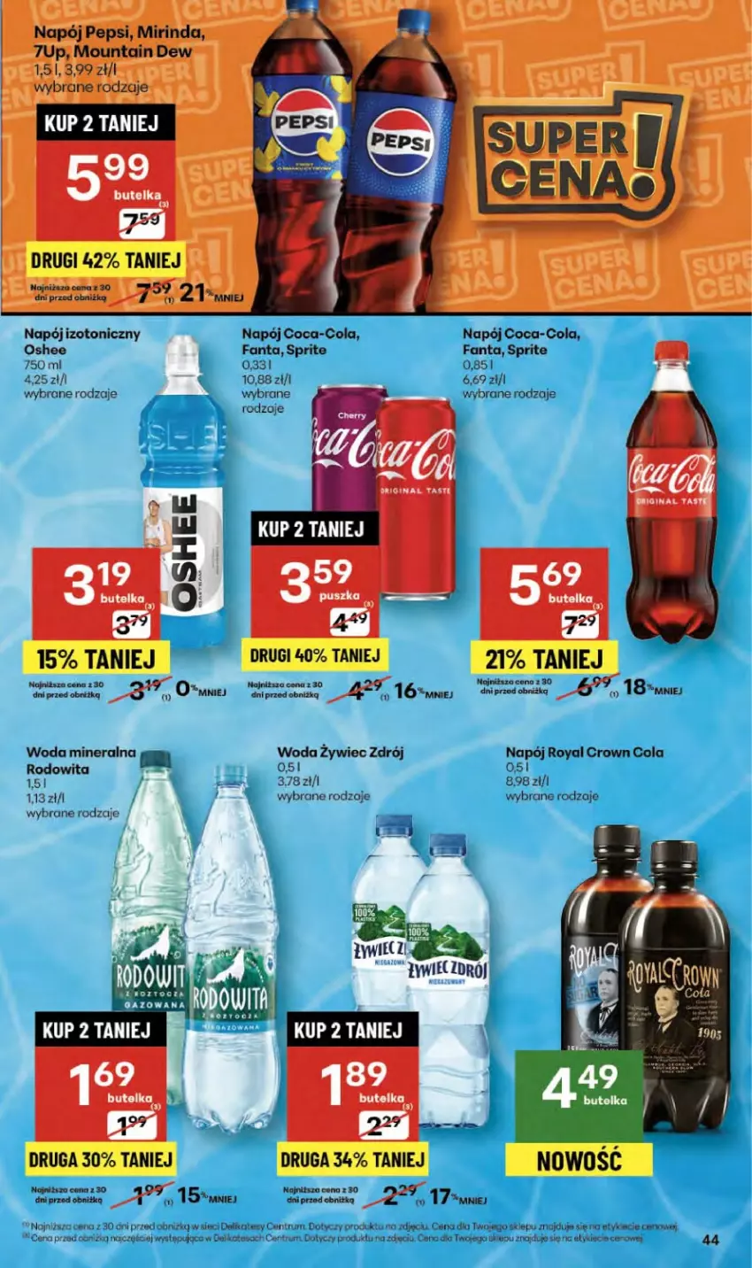Gazetka promocyjna Delikatesy Centrum - Franczyza DC42 Czwartek - ważna 16.10 do 22.10.2025 - strona 44 - produkty: 7up, Coca-Cola, Fa, Fanta, Gin, Mirinda, Napój, Napój izotoniczny, Oshee, Rum, Sprite, Woda, Woda mineralna