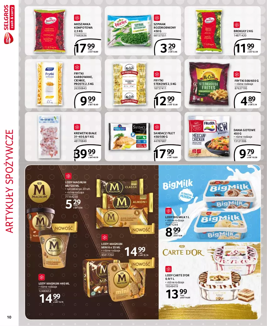 Gazetka promocyjna Selgros - Extra Oferta - ważna 01.05 do 31.05.2021 - strona 10 - produkty: Artykuły spożywcze, Big Milk, Brokuły, Dania gotowe, Frytki, Krewetki, Lody, Mieszanka kompotowa, Sandacz, Sandacz filet, Stek, Szpinak