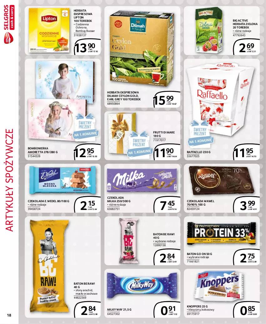 Gazetka promocyjna Selgros - Extra Oferta - ważna 01.05 do 31.05.2021 - strona 18 - produkty: Artykuły spożywcze, Baton, Czekolada, Dilmah, Earl Grey, Fa, Herbata, Knoppers, Kokos, Lipton, Masło, Masło orzechowe, Milka, Milky Way, Raffaello, Wawel