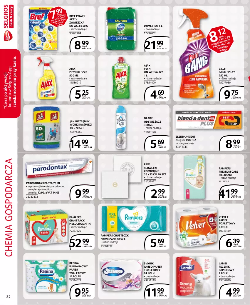 Gazetka promocyjna Selgros - Extra Oferta - ważna 01.05 do 31.05.2021 - strona 32 - produkty: Ajax, Bref, Chusteczki, Cillit Bang, Domestos, Gin, Jan Niezbędny, Klej, LG, Majtki, Pampers, Papier, Papier toaletowy, Parodontax, Pieluchomajtki, Płyn do szyb, Ręcznik, Rolki, Rum, Ser, Serwetki, Velvet, Worki na śmiec, Worki na śmieci, Zawieszka do wc