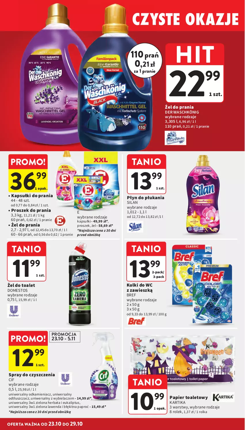 Gazetka promocyjna Intermarche - Gazetka promocyjna - ważna 23.10 do 29.10.2025 - strona 34 - produkty: Bref, Cif, Domestos, Herbata, Kapsułki do prania, König, Kulki do wc, Odkamieniacz, Odtłuszczacz, Papier, Papier toaletowy, Płyn do płukania, Proszek do prania, Silan, Spray do czyszczenia